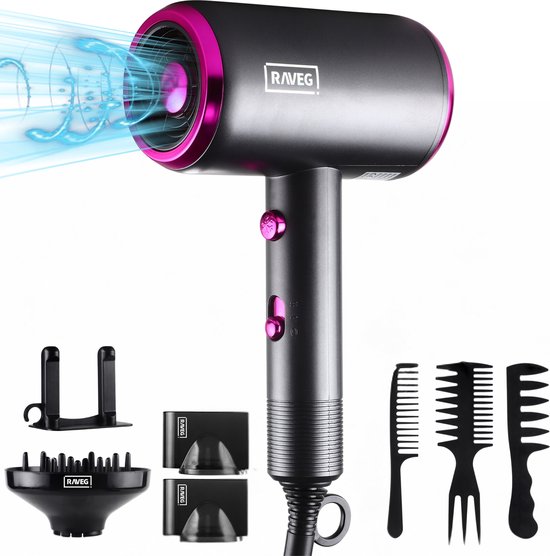 RAVEG® Föhn met Diffuser – Haardroger - Krullen – Ionisch - Krullen Föhn – 2000W - Paars