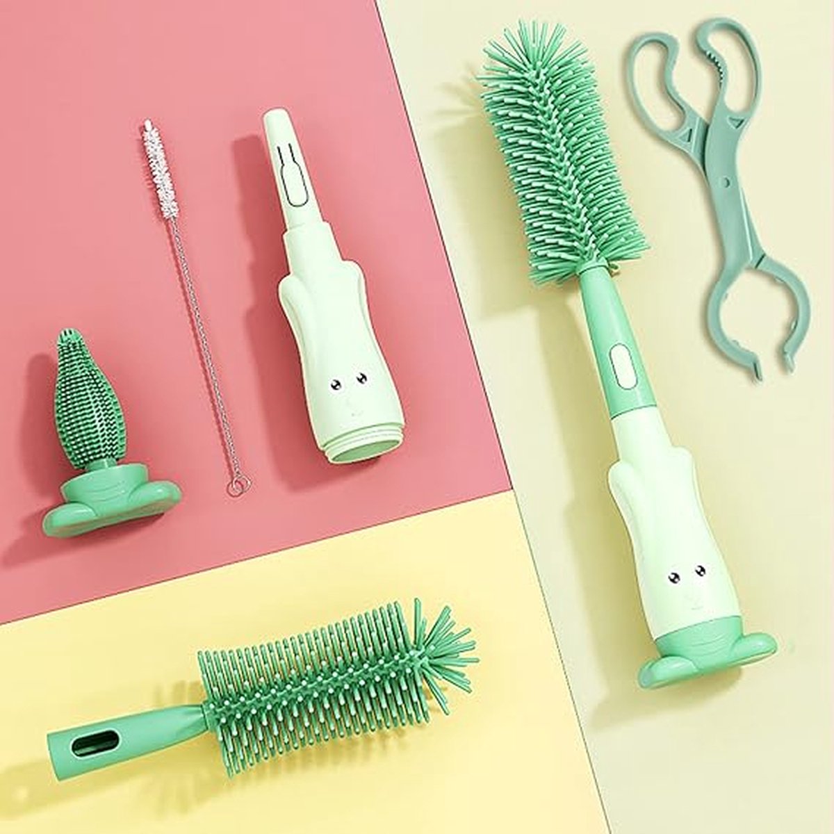 Goedkoopste Set van 4 siliconen reinigingsborstels, flessenborstel, fopspeenborstel, rietborstel en flessentang, herbruikbaar, geschikt voor alle soorten flessen en kopjes