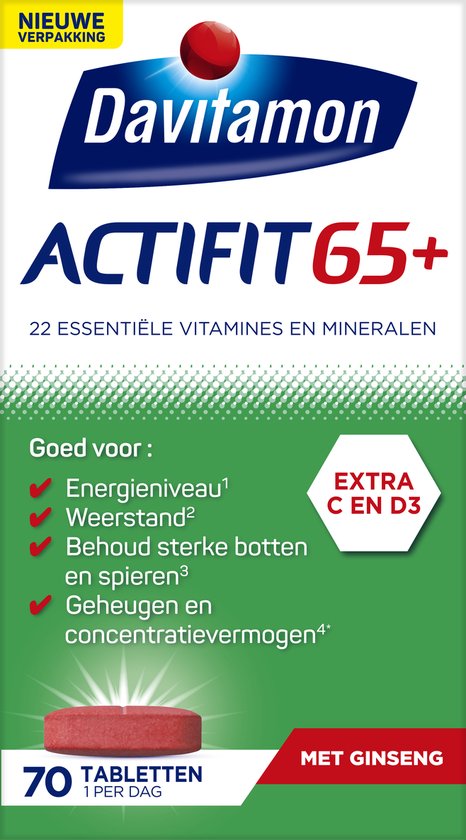 Davitamon Actifit 65+ verpakking met 70 tabletten, met ginseng, extra C en D3.