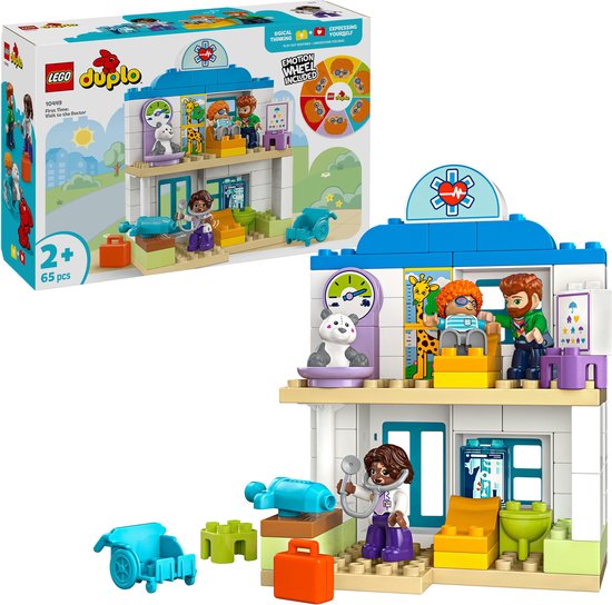 LEGO Duplo dokterscentrum met 3 poppetjes, waaronder een dokter, en een patiënt op een stoel.