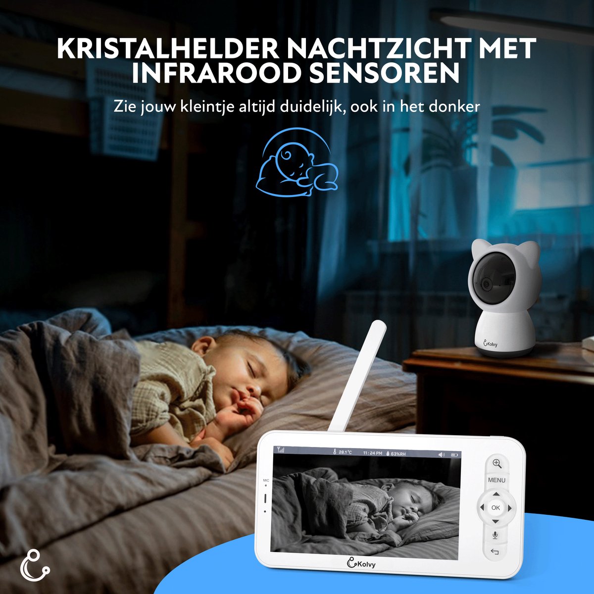 Afbeelding 2 van Kolvy® Babyfoon Pro DUO - Intelligente Baby Monitor - Babyfoon met Camera en App - Twee Camera's - 1080p - Nachtzicht - Tweeweg Audio - Inclusief Slaapliedjes