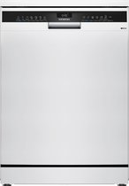 Witte Siemens vaatwasser iQ300 met bedieningspaneel bovenop en logo's op de voorkant.