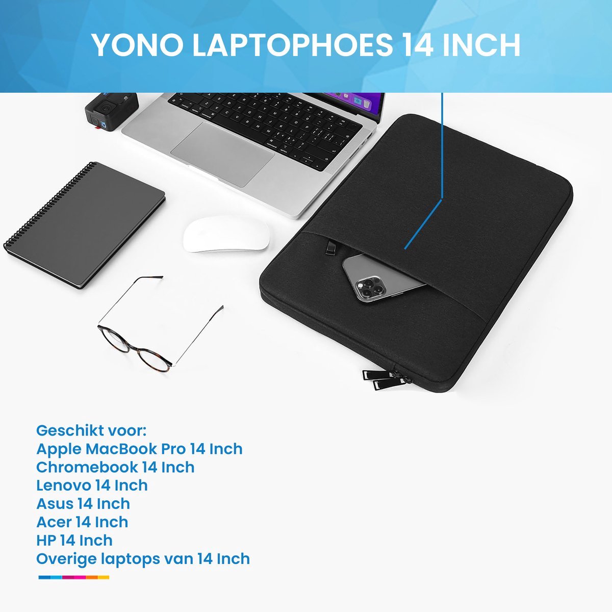 Laptophoes 14 Inch Zwart - Slanke Sleeve Bescherming voor MacBook Pro/Air en Andere 14" Laptops - Afbeelding 3