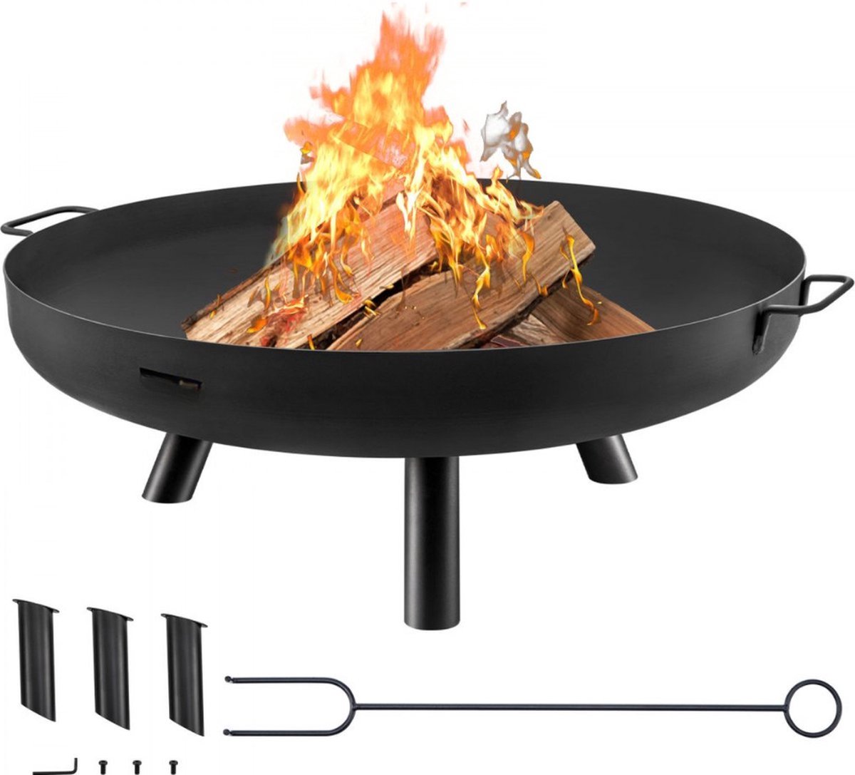 Vuurkorf Buiten 77 cm Diameter Vuurschaal Zwart Geschilderd Koolstofstaal Outdoor Fire Bowl met Handgrepen en 3 Ondersteunende Been Toegepast in Tuinen Patio's Parken Achtertuinen Veranda's enz