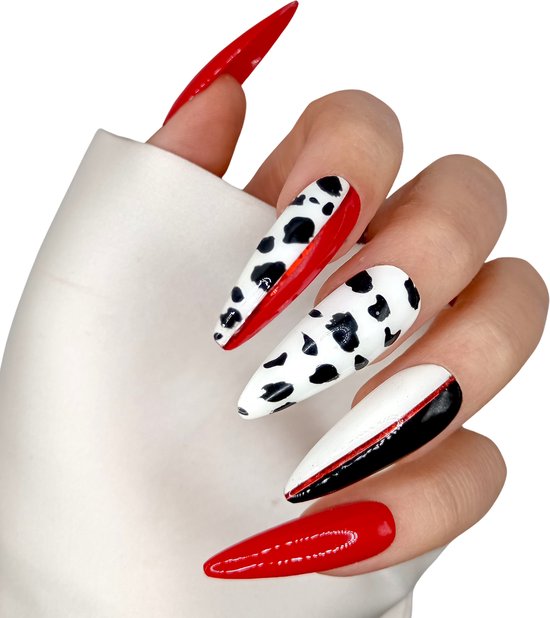 SD Appuyez sur les ongles - No. 118 Cruel-Là - Ongles adhésifs avec colle à ongles - XL Stiletto - Rouge Wit Zwart - Set de 20 Ongles Faits Main - Accessoires Cosplay - Nail Art Extreme