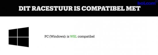 Tekst 'DIT RACESTUUR IS COMPATIBEL MET' met een Windows logo.