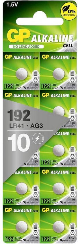 Verpakking van 10 GP 192 LR41 alkaline knoopcelbatterijen, 1,5V, 0% kwik.