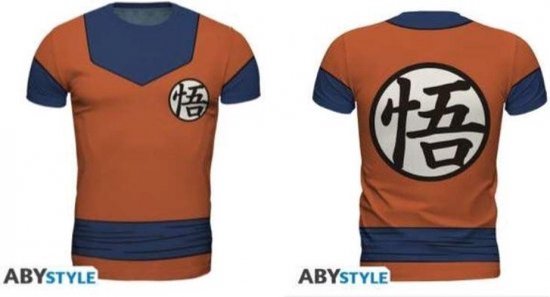 T-shirt Goku orange avec empiècement bleu sur la poitrine et bande bleue en bas, arborant le symbole "Go" sur la poitrine gauche et le dos.