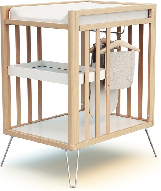 JURABABY Verschoontafel met 2 planken ONLY in hout Beuken en in staal