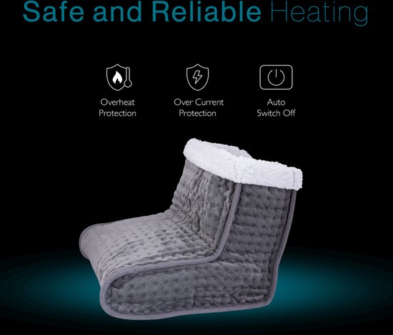Grijze voetenwarmer met witte pluche voering. Iconen tonen oververhittingsbeveiliging, overstroombeveiliging en automatische uitschakeling.
