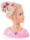 Zijaanzicht van kaphoofd met blond haar in een knot, met vlechten en versierd met tiara's.