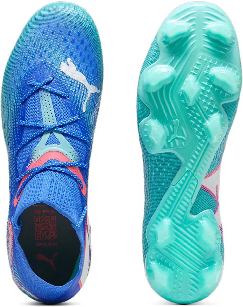 Puma Future 7 voetbalschoenen in Bluemazing-PUMA White-Electric Peppermint met FUZIONFIT360 en Dynamic Motion System.