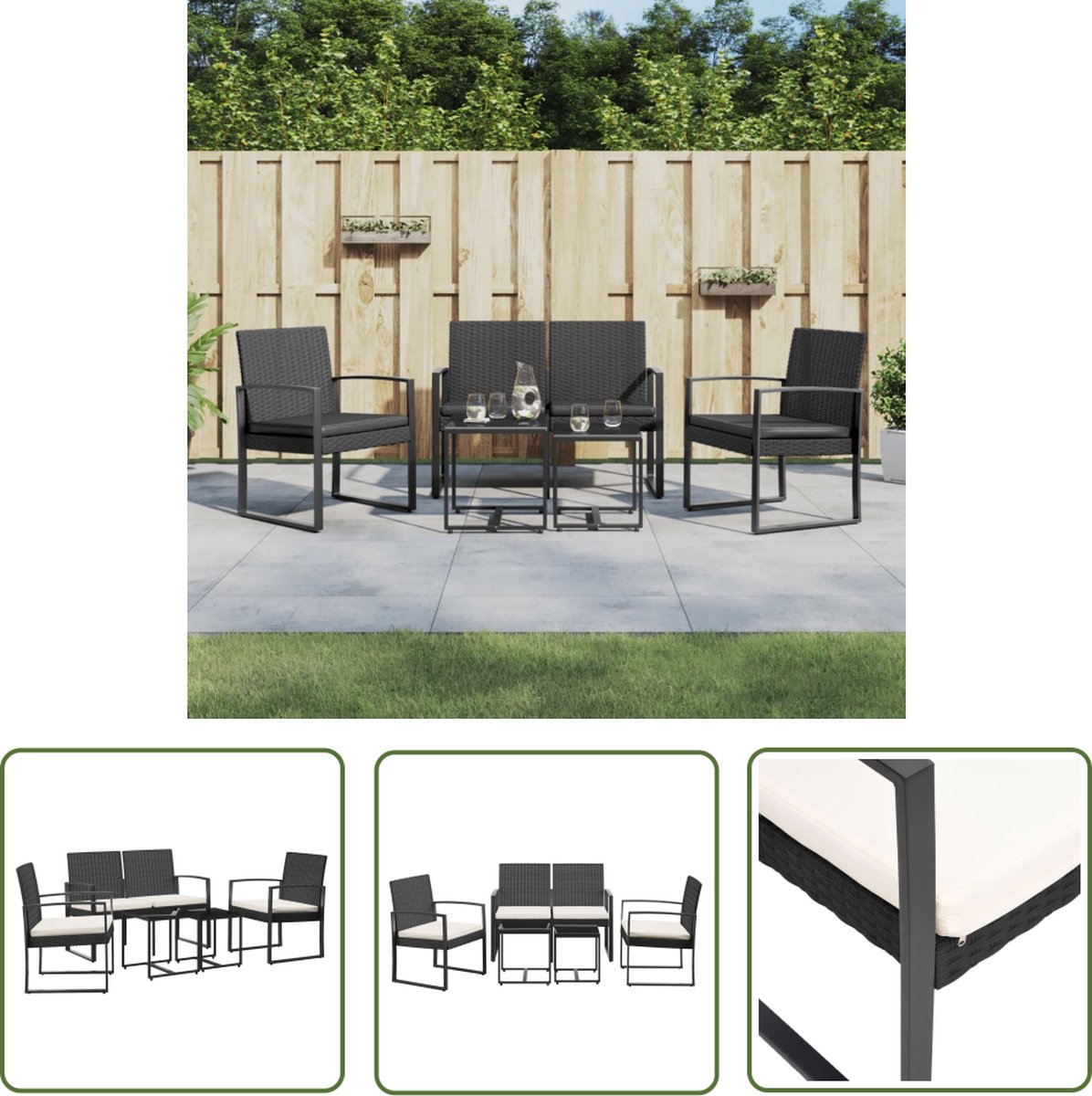 The Living Store 5-delige Tuinset met kussens polypropeen rattan zwart - Eetkamerset - Tuinset - Buitentijd - Tuinmeubels - Lounge Set