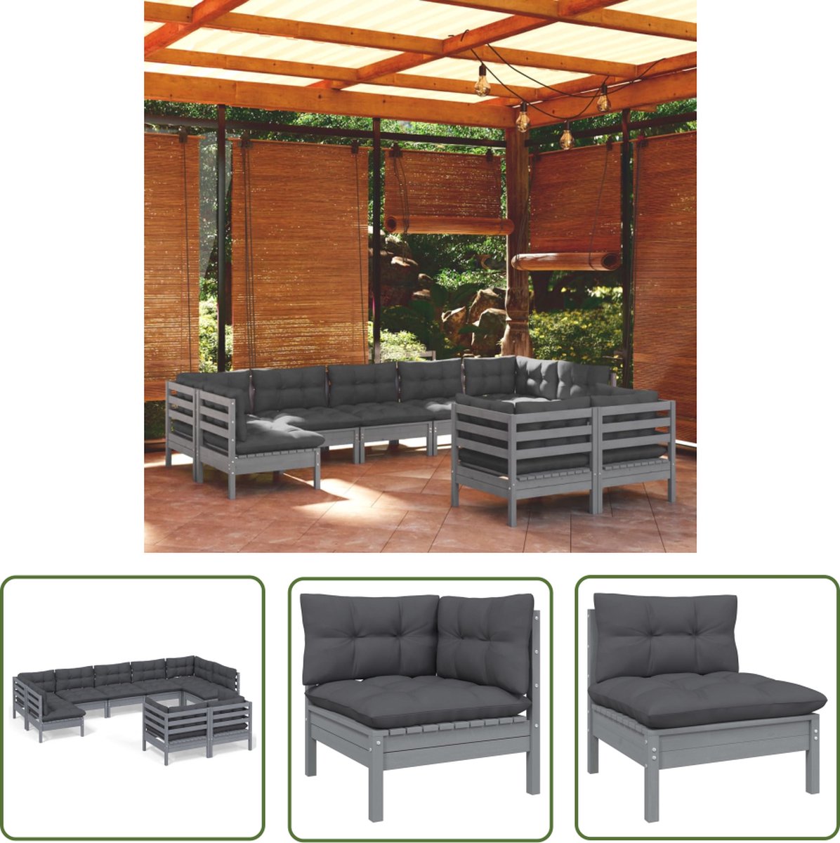 Grijze massief grenenhouten loungeset met kussens - The Living Store.