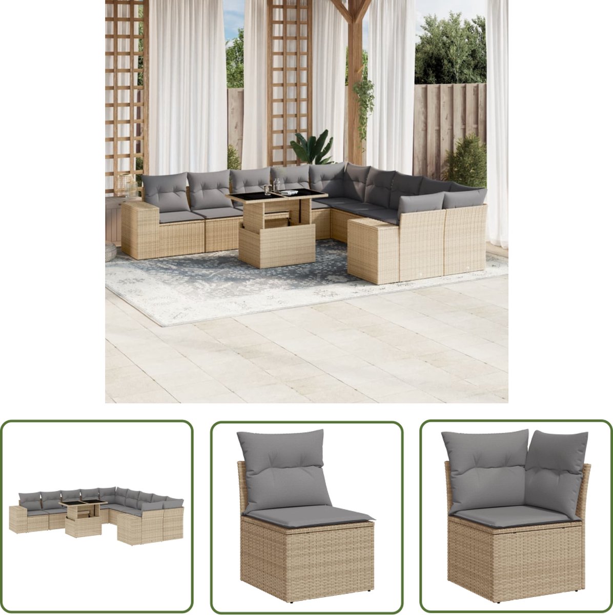 The Living Store 11-delige Tuinset met kussens poly rattan beige - Loungebank - Lounge Set - Buitendecoratie - Tuinmeubels - Pe Rattan