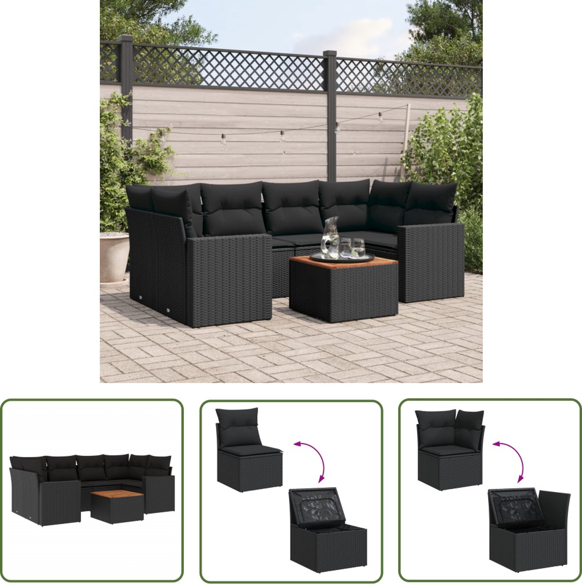 The Living Store 7-delige Loungeset met kussens poly rattan zwart - Loungebank - Lounge Set - Tuinbank - Buitendecoratie - Outdoor Furniture