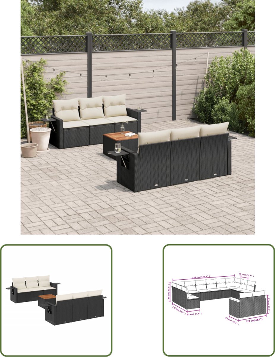 Zwarte poly rattan loungeset met kussens voor tuin en buitenleven.