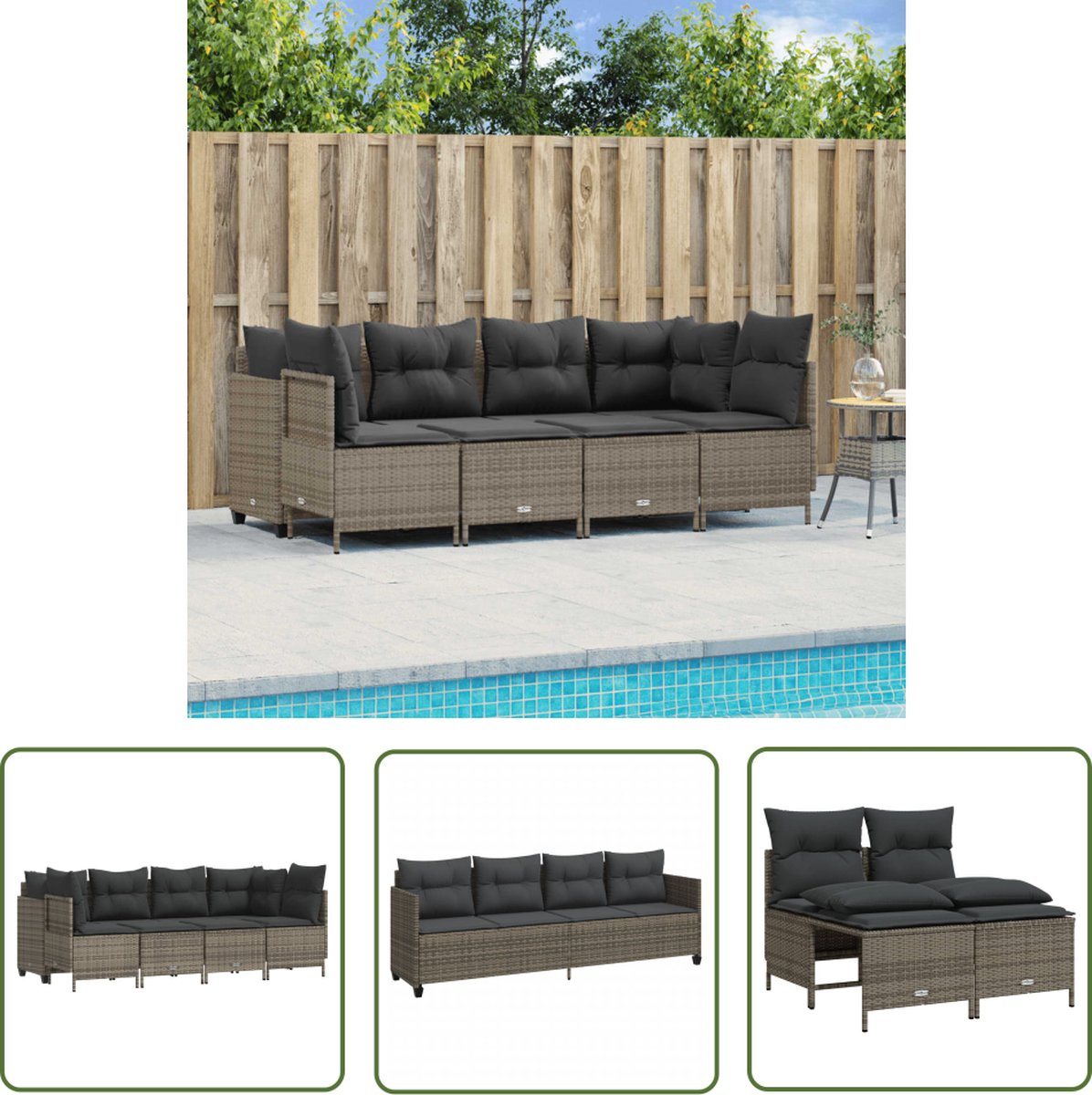 The Living Store 5-delige Loungeset met kussens poly rattan grijs - Loungeset - Tuinset - Lounge - Buitendecoratie - Garden Furniture