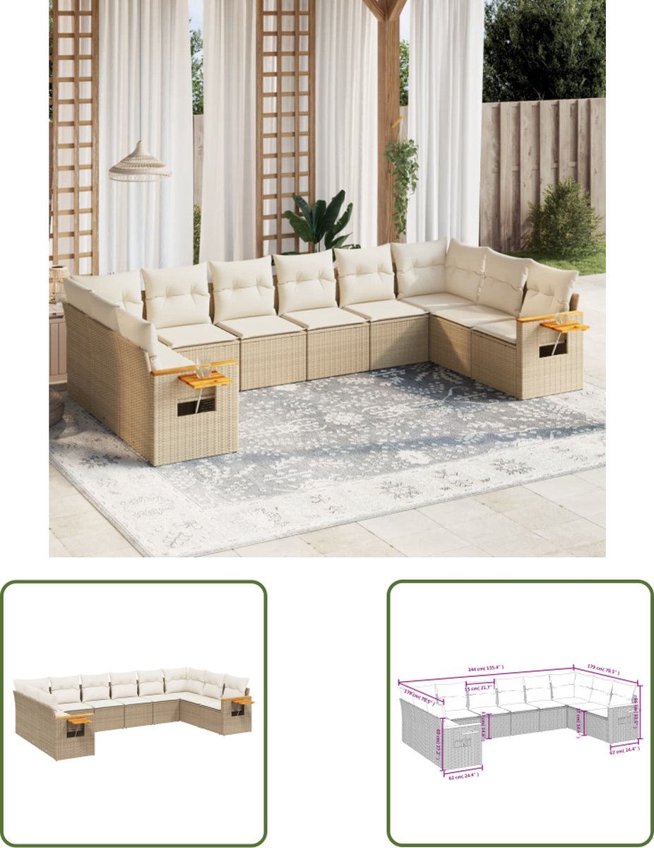 The Living Store 10-delige Loungeset met kussens poly rattan beige - Loungeset - Tuinset - Lounge Set - Buitendecoratie - Tuinmeubels