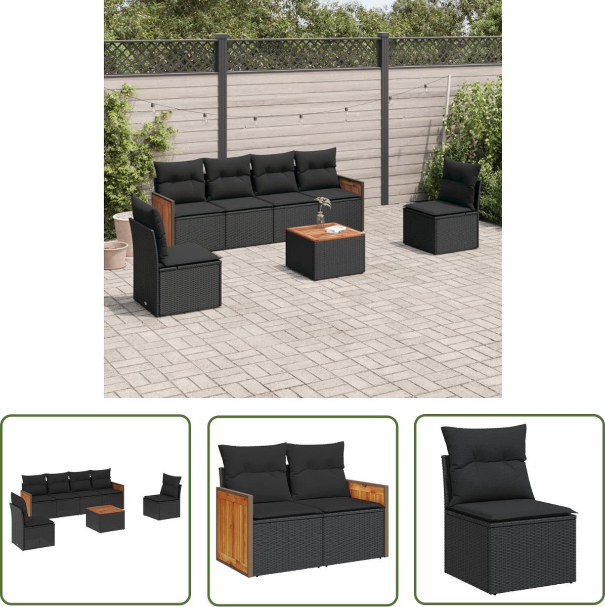 The Living Store 7-delige Loungeset met kussens poly rattan zwart - Loungeset - Lounge Set - Tuinlounge - Buitentijnen - Loungebank