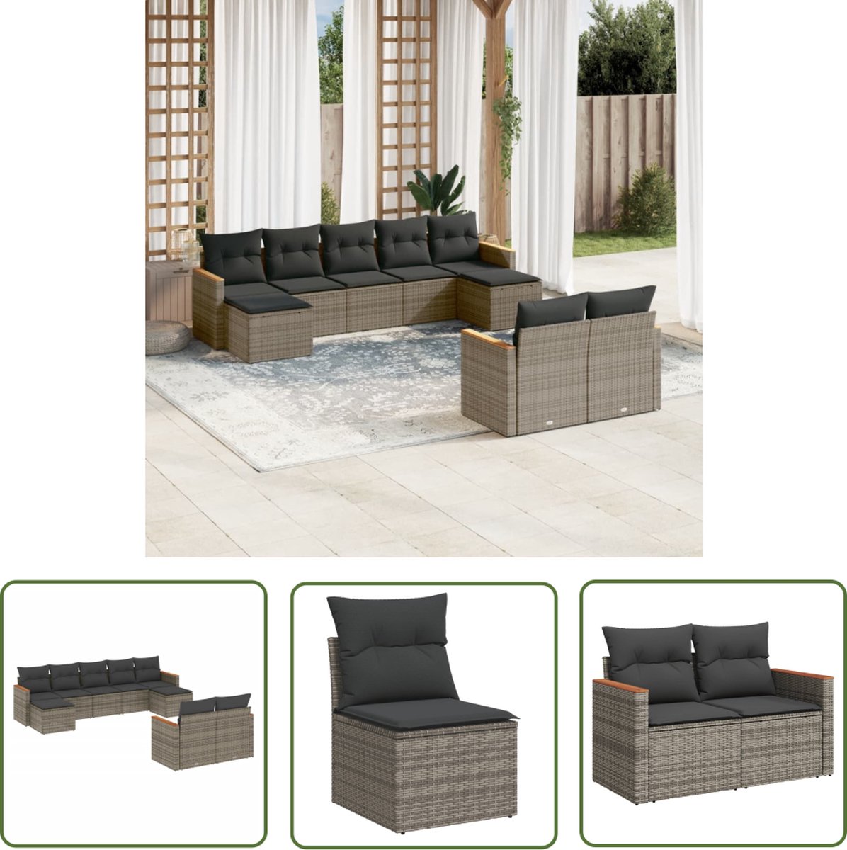 The Living Store 9-delige Loungeset met kussens poly rattan grijs - Loungeset - Tuinset - Lounge - Buitendecoratie - Tuinmeubels