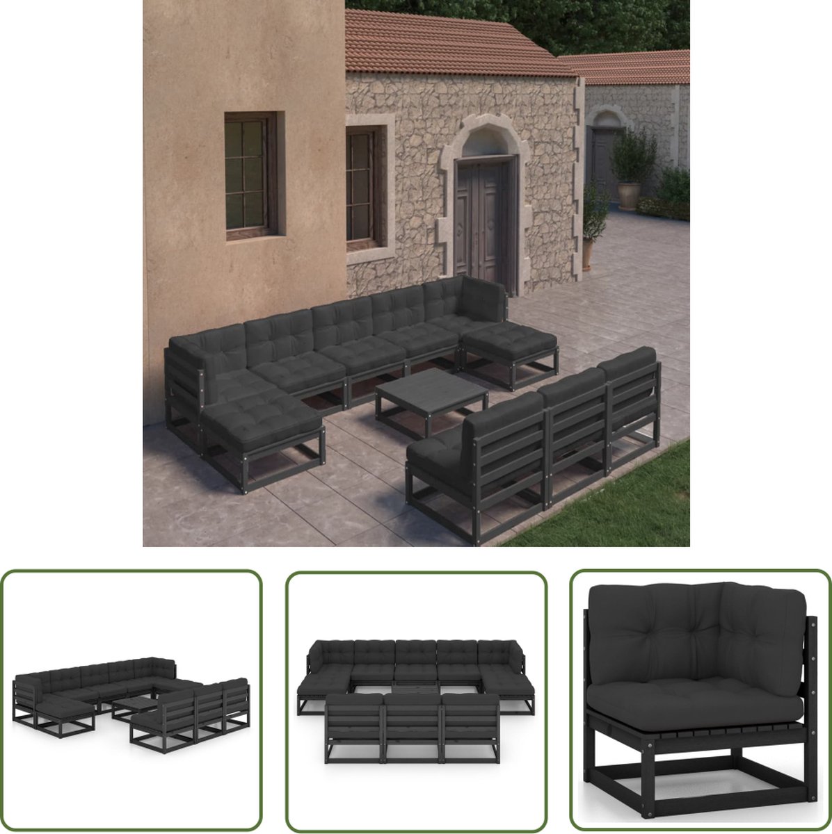 Zwarte loungeset van massief grenenhout met kussens - tuinmeubilair.