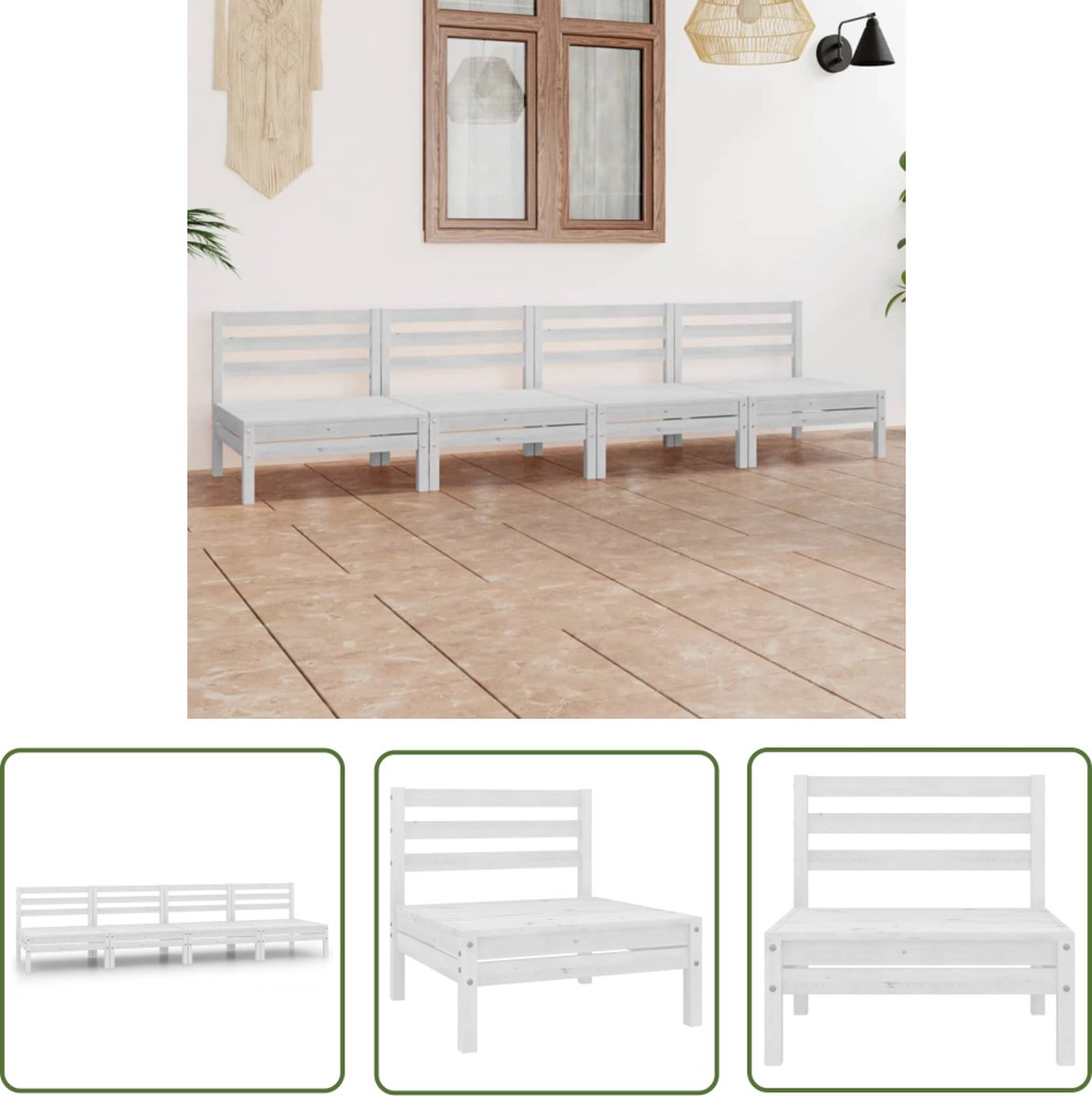 The Living Store 4-delige Loungeset massief grenenhout wit - Loungeset - Tuinlounge - Lounge Set - Houten Loungebank - Buitendiner