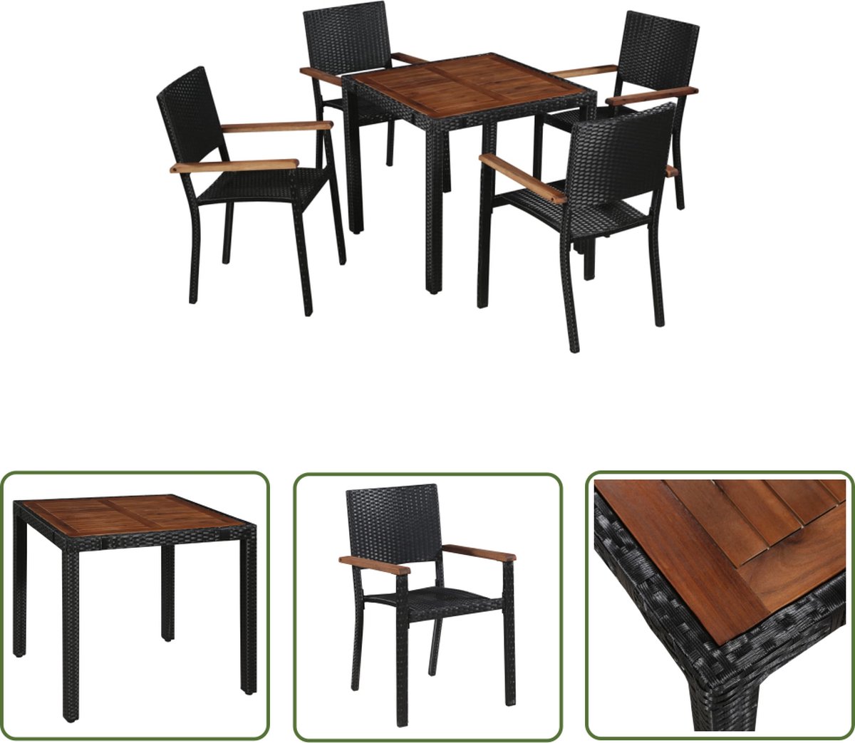 The Living Store 5-delige Tuinset poly rattan en acaciahout zwart - Tuinstoel - Tuintafel - Acacia Hout - Outdoor Meubels - Lounge Set