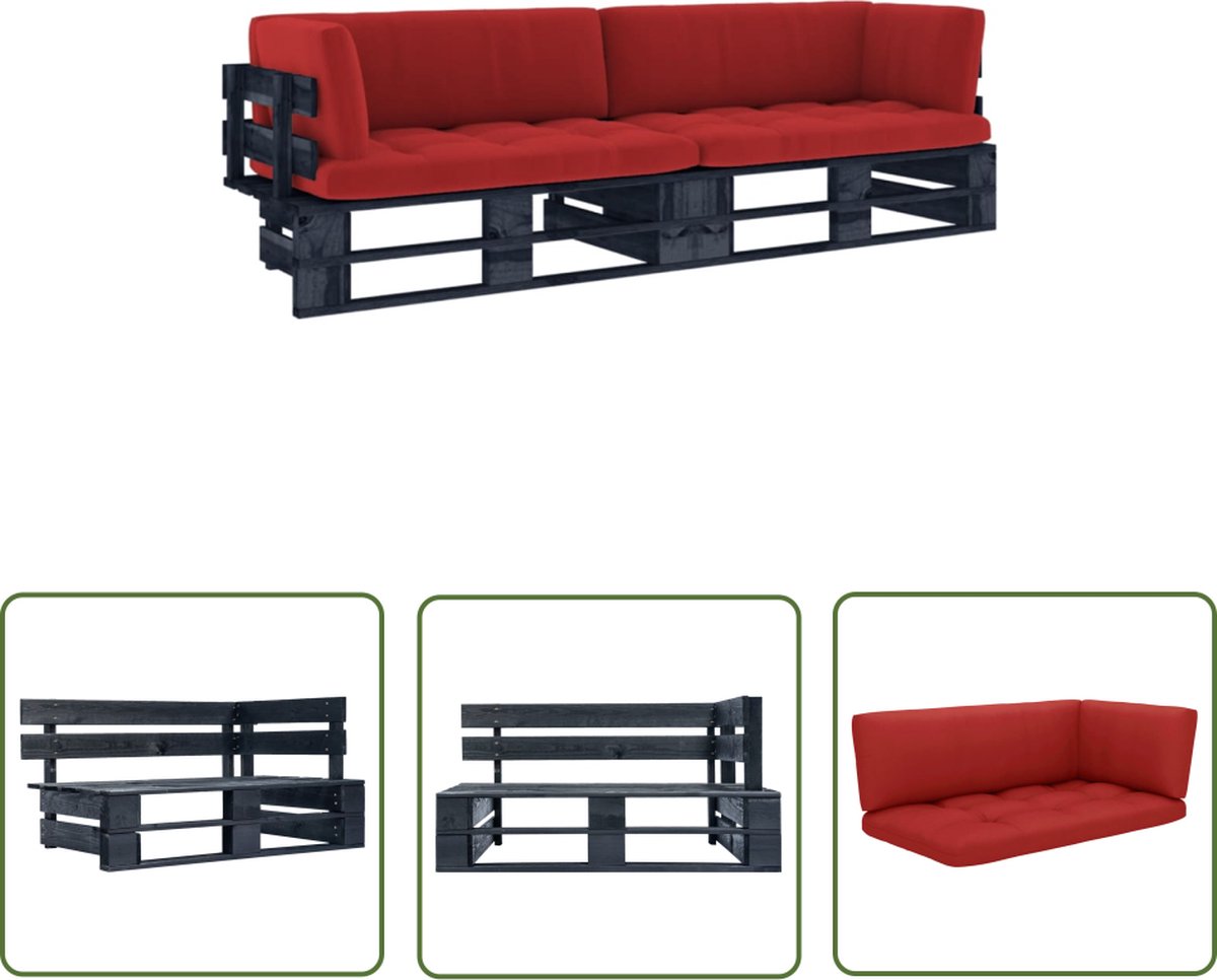 Zwarte palletbank met kussens van geïmpregneerd grenenhout voor tuin of lounge.