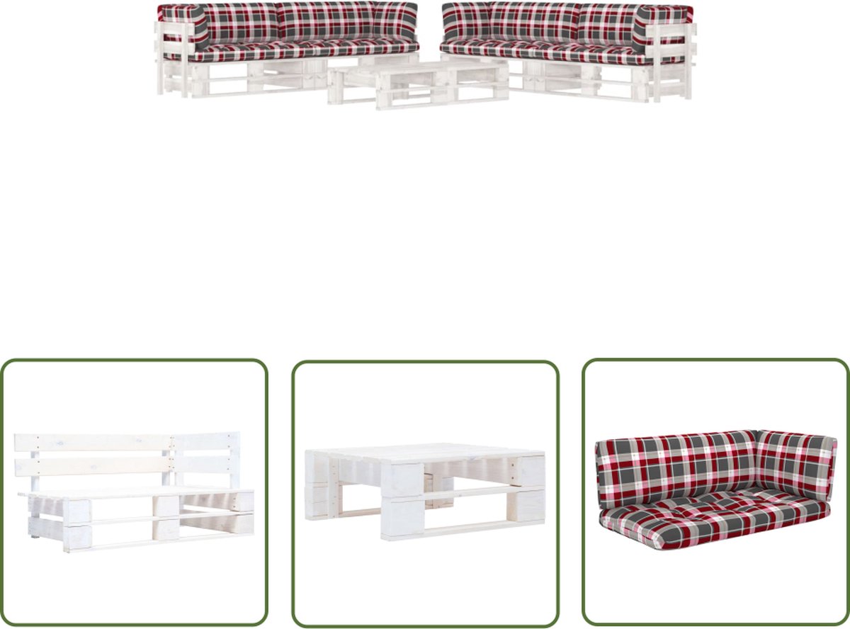 The Living Store 6-delige Loungeset pallet met kussens wit geïmpregneerd hout - Lounge Set - Tuin Lounge - Pallets Bank - Hout Meubel - Balkon Set