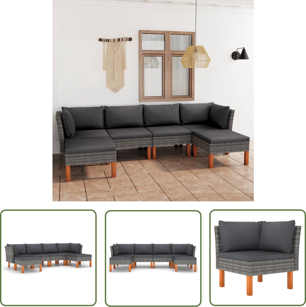 The Living Store 6-delige Loungeset met kussens poly rattan grijs - Loungeset - Lounge - Buitendecor - Tuinmeubels - Pe Rattan