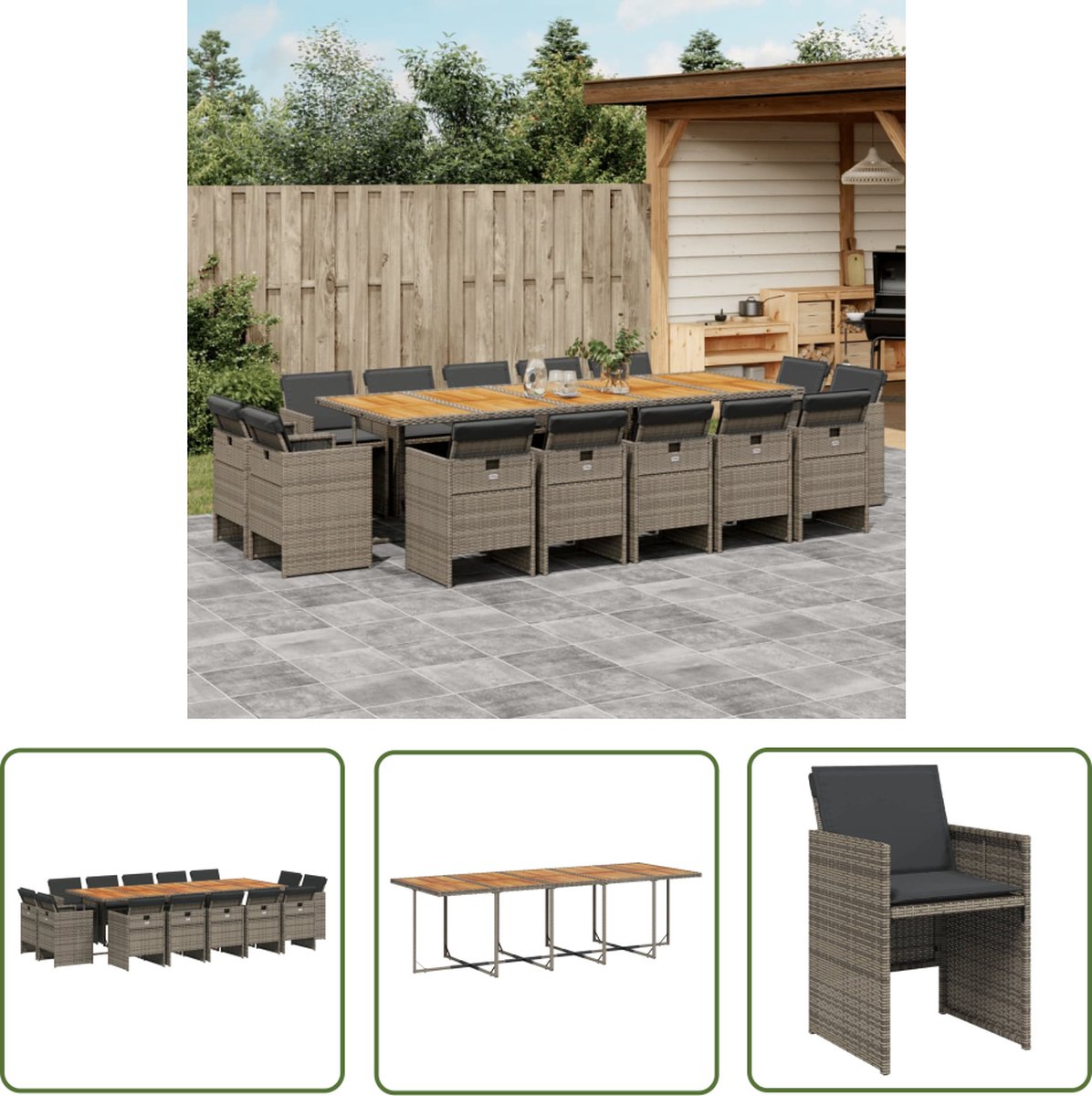 The Living Store 15-delige Tuinset met kussens poly rattan grijs - Tuinset - Buitentijd - Lounge Set - Eetkamerset - Pe Rattan