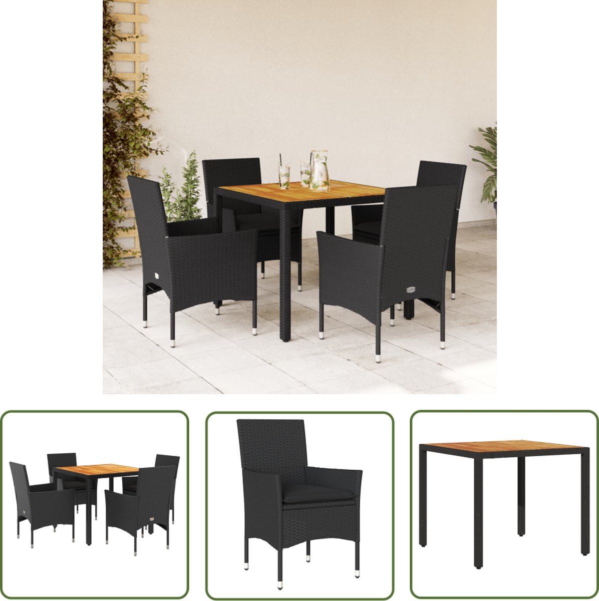 Zwart poly rattan loungeset met kussens en acaciahouten details.