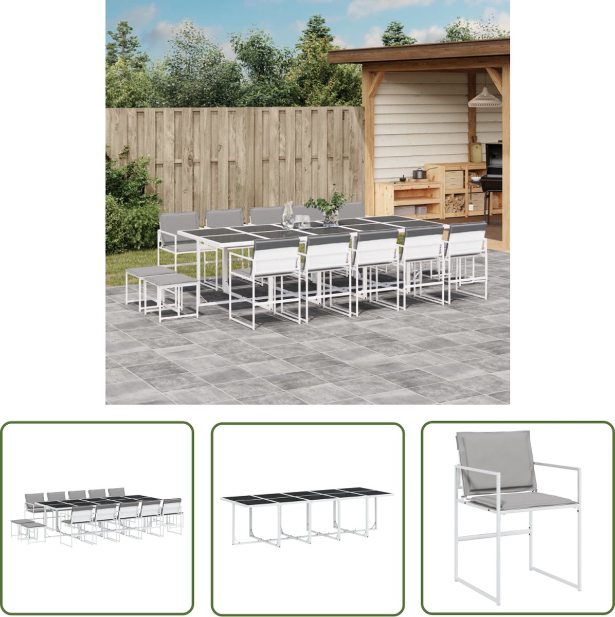 Tuinset met witte kussens en textileen stof - The Living Store.