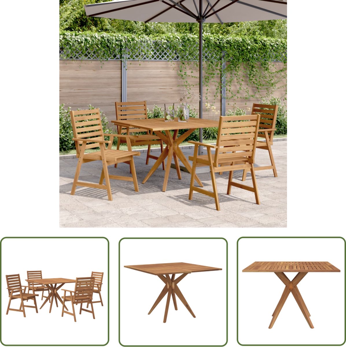 The Living Store 5-delige Eethoek massief acaciahout - Tuin Set - Acacia Hout - Eetkamerset - Buitenleven - Terrasdecoratie