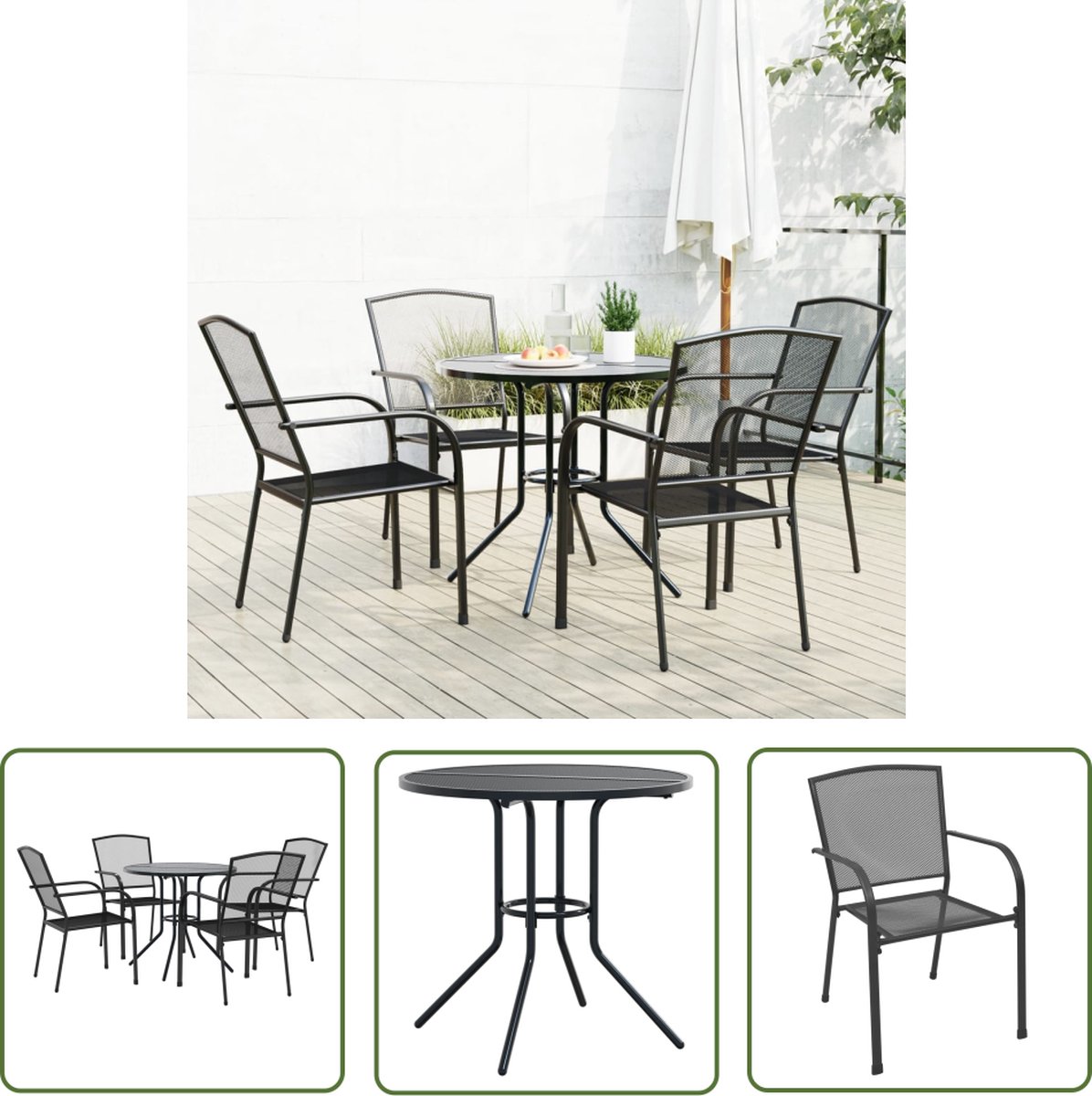 5-delige stapelbare tuinset in antracietkleurig gepoedercoat staal van The Living Store.