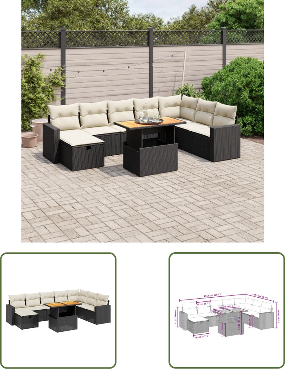 The Living Store 9-delige Loungeset met kussens poly rattan zwart - Loungeset - Tuinlounge - Lounge Set - Buitendecoratie - Outdoor Furniture