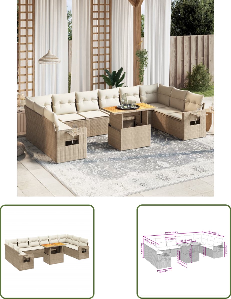 The Living Store 11-delige Tuinset met kussens poly rattan beige - Loungebank - Tuinset - Lounge Set - Buitendecoratie - Outdoor Furniture