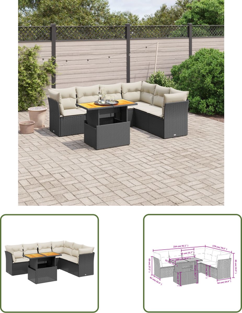 The Living Store 7-delige Loungeset met kussens poly rattan zwart - Loungeset - Tuinset - Lounge Bank - Buitendecoratie - Pe Rattan