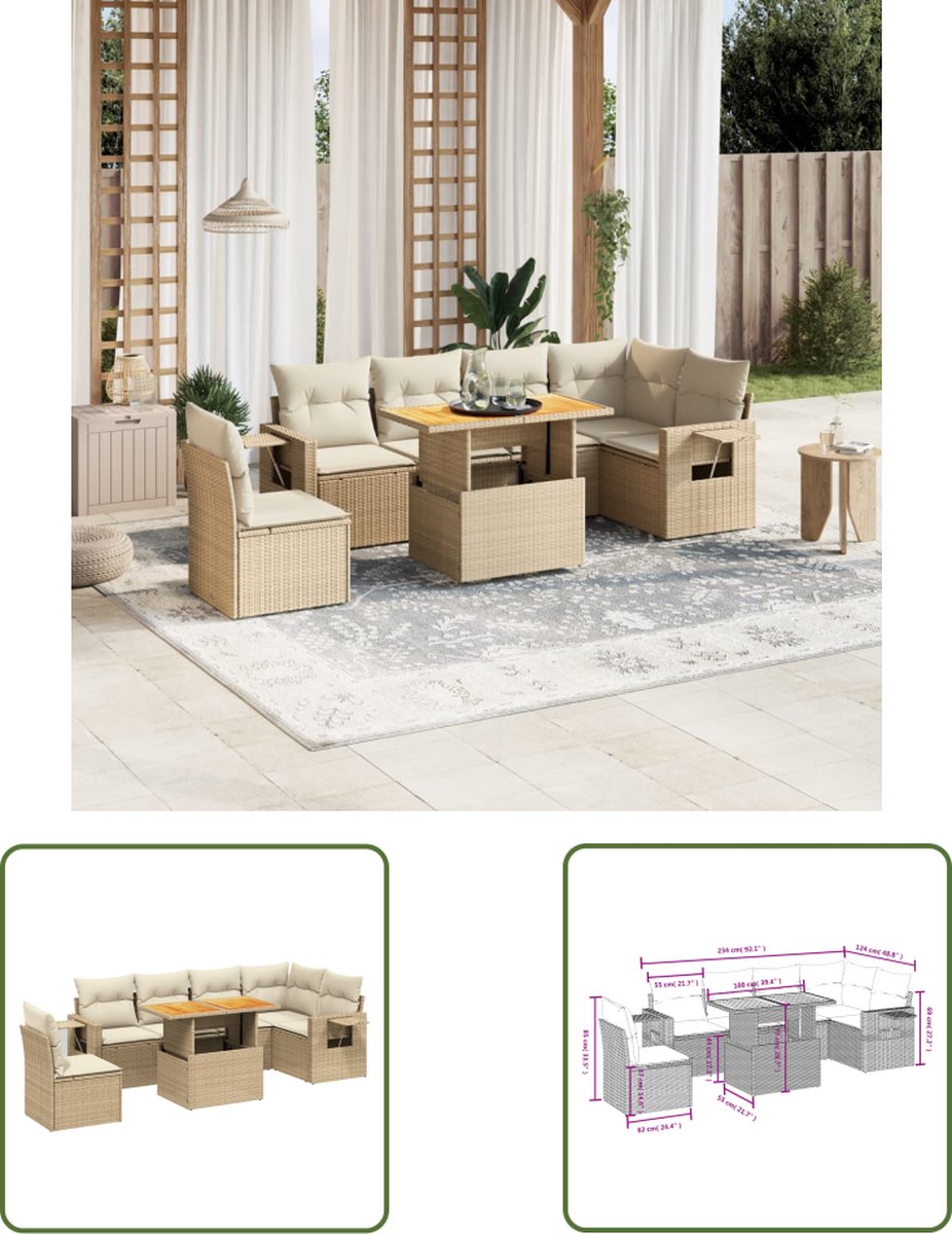The Living Store 7-delige Loungeset met kussens poly rattan beige - Loungeset - Tuinset - Lounge Set - Buitendecoratie - Tuinmeubels