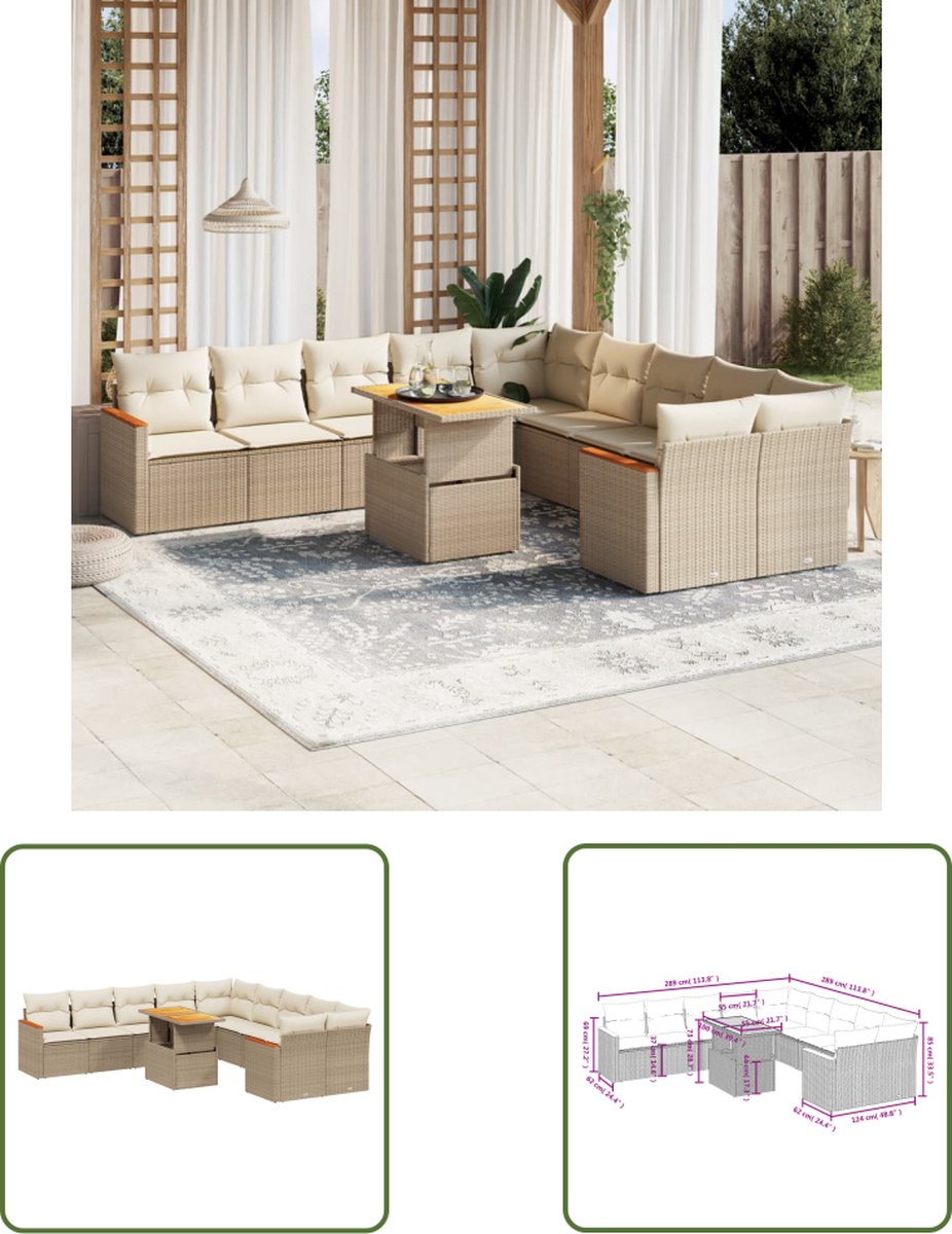 The Living Store 11-delige Tuinset met kussens poly rattan beige - Tuinmeubels - Lounge Set - Buitendecoratie - PE-rattan - Outdoor Furniture