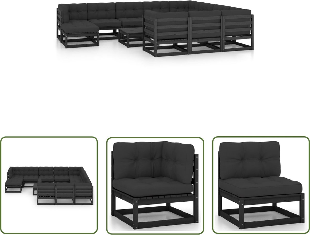 The Living Store 12-delige Loungeset met kussens massief grenenhout zwart - Tuinmeubles - Lounge Set - Houten Tuinmeubels - Grenenhout - Zwarte Tuinstoel