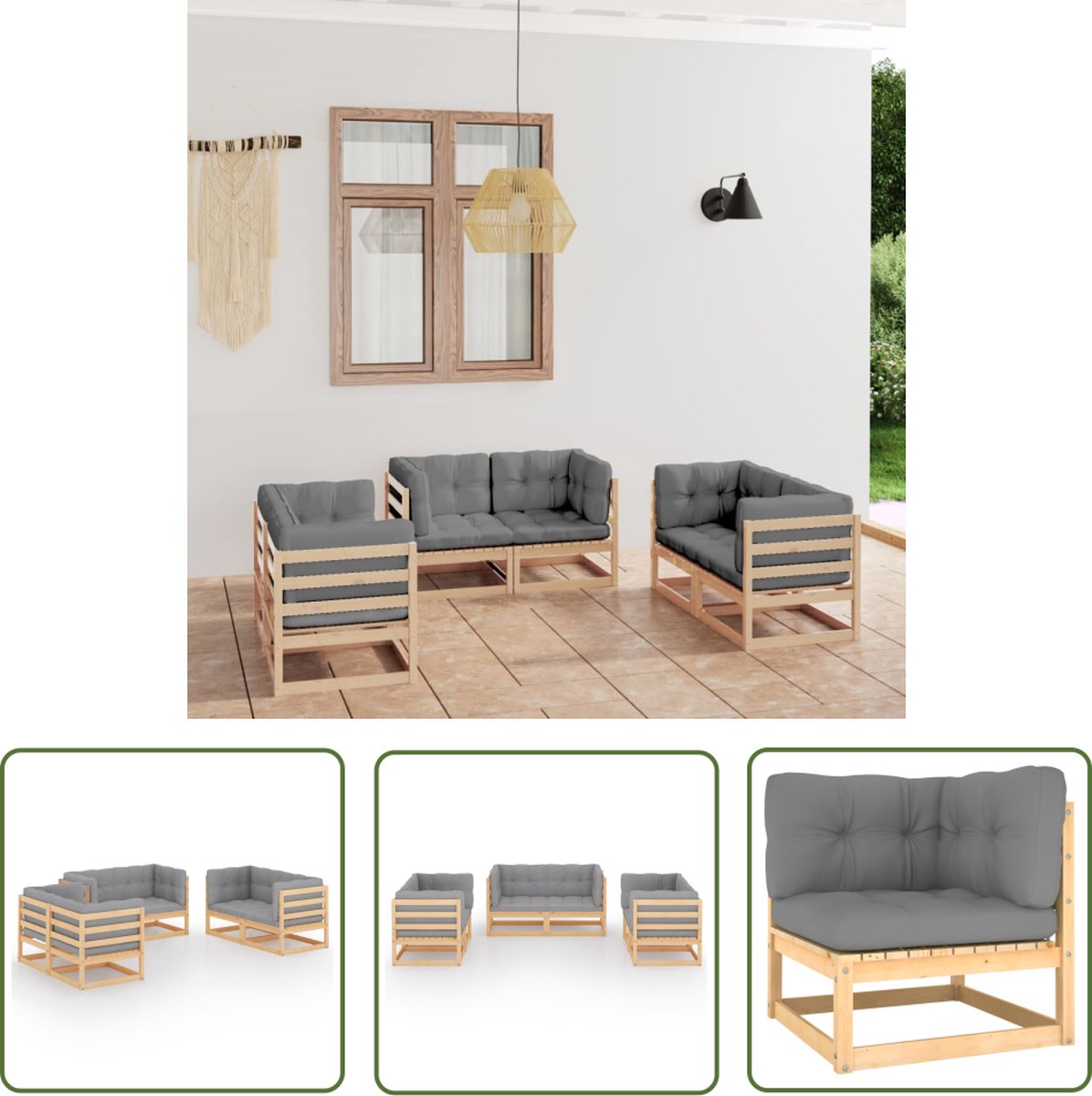 Massief grenenhouten loungeset met kussens voor tuin - The Living Store.