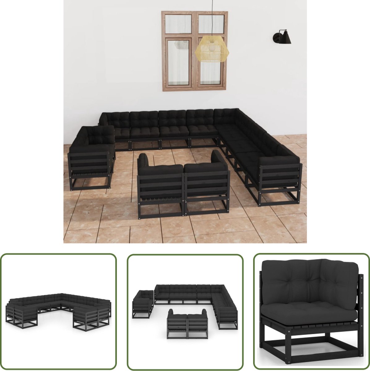 The Living Store 13-delige Loungeset met kussens massief grenenhout zwart - Tuinstoel - Lounge Set - Houten Tuinmeubels - Buitendecor - Tuinset