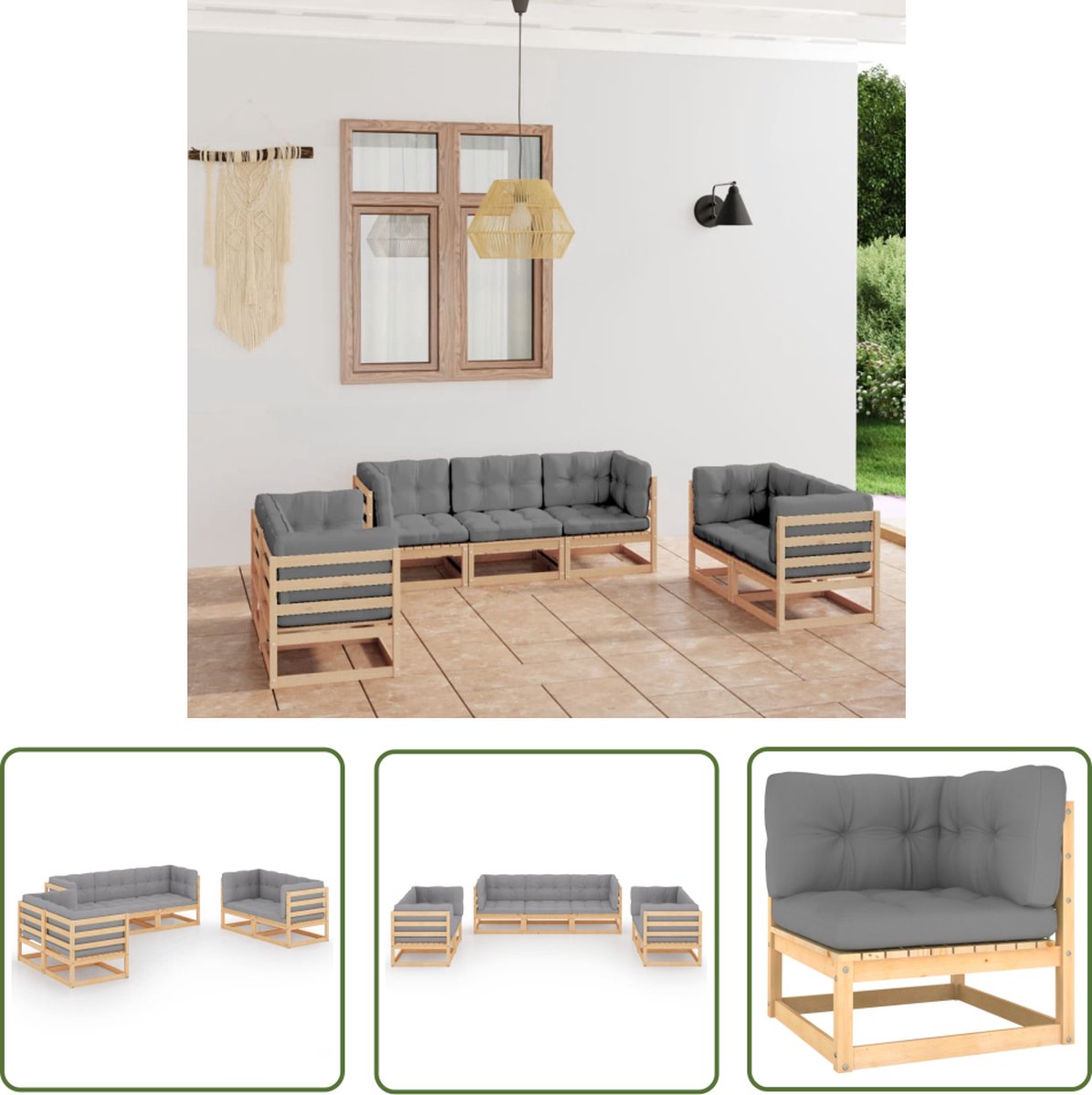 The Living Store 7-delige Loungeset met kussens massief grenenhout - Loungeset - Tuinset - Houten Lounge - Buitendecor - Tuinmeubel