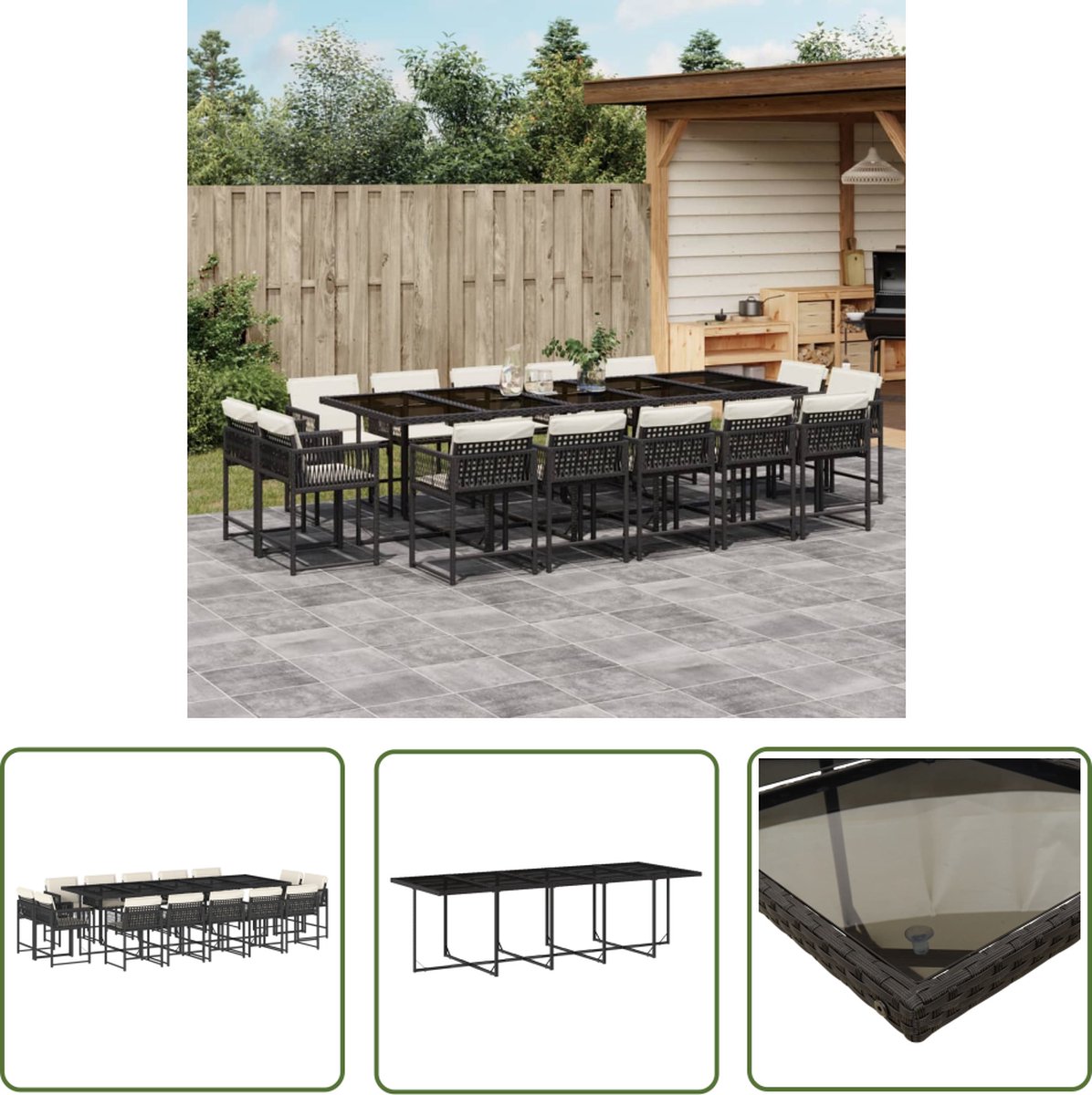 15-delige zwarte poly rattan tuinset met kussens - The Living Store.