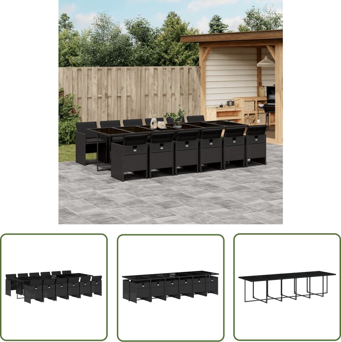 The Living Store 13-delige Tuinset met kussens poly rattan zwart - Tuinset - Buitenmeubel - Lounge Set - Eetkamerset - Patio Set