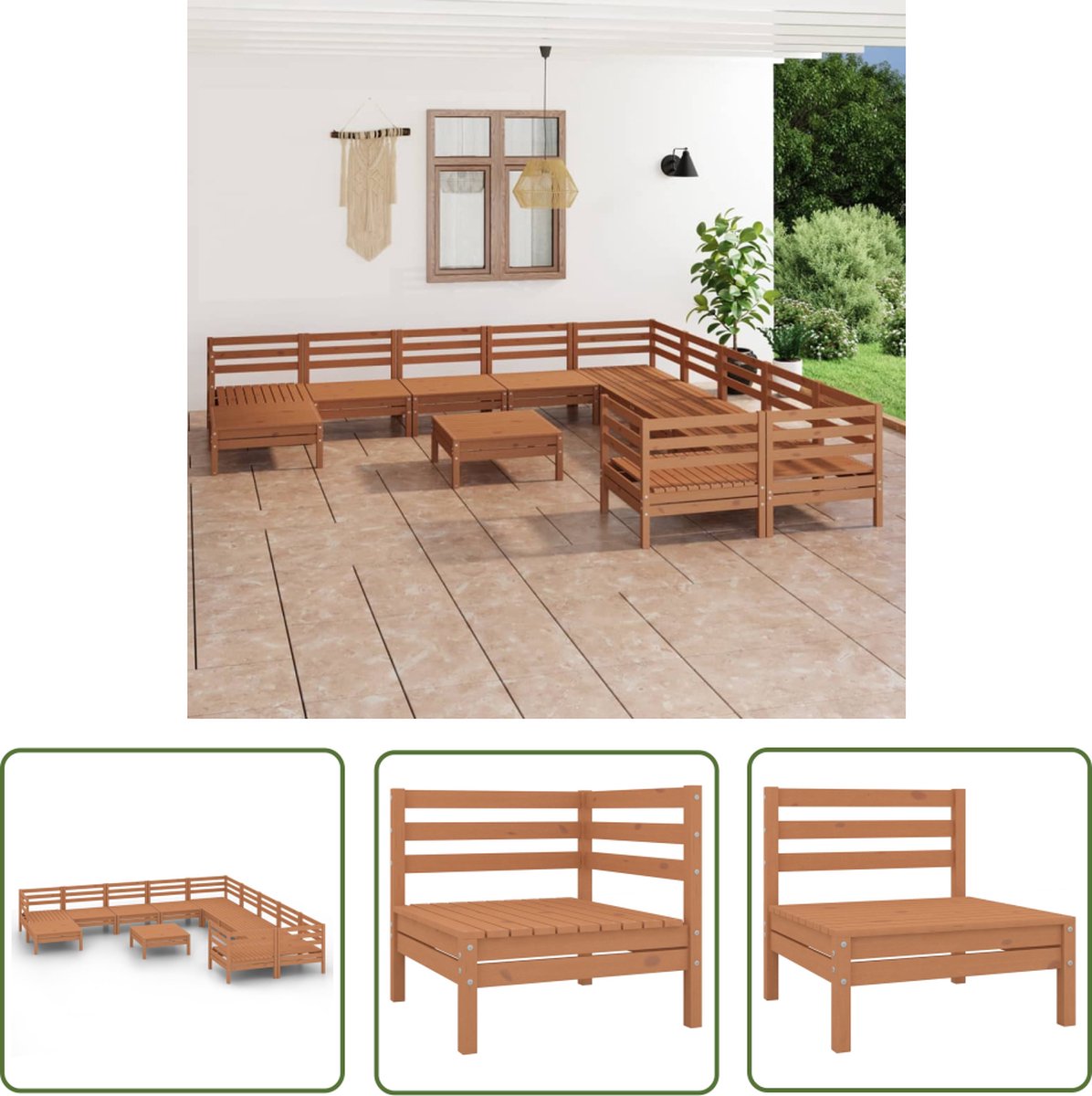 The Living Store 12-delige Loungeset massief grenenhout honingbruin - Tuinmeubels - Lounge Set - Houten Bank - Buitenmeubilair - Balkonmeubilering