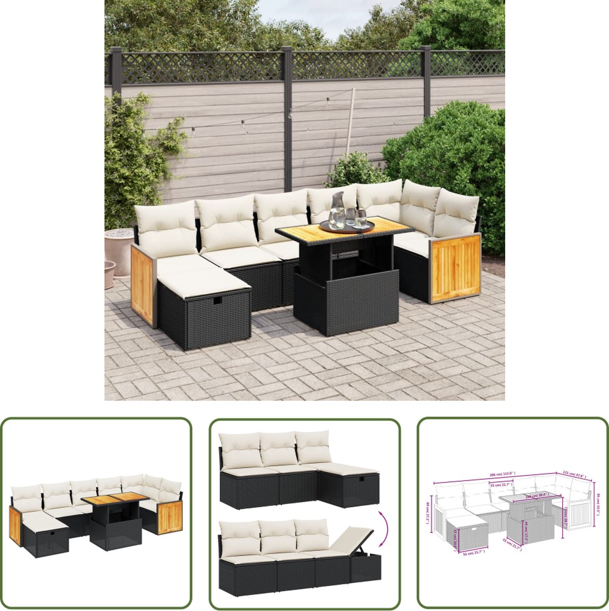 The Living Store 8-delige Loungeset met kussens poly rattan zwart - Loungebank - Lounge Set - Tuinlounge - Buitentijd - Outdoor Furniture
