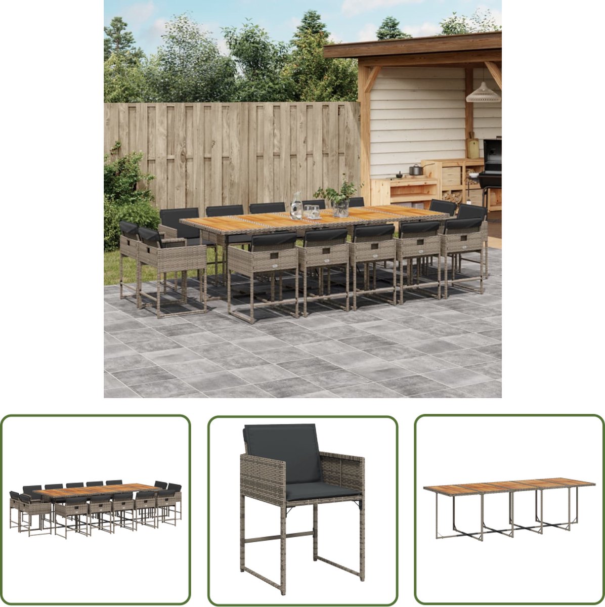 Grijze poly rattan tuinset met kussens voor buiten loungen.